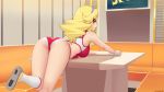  artist_name ass ass_cutout bare_shoulders bent_over blonde_hair blue_hairband blush boobies_uniform breasts cloth diner eyebrows_visible_through_hair eyes_visible_through_hair from_behind front-tie_top hairband heart_cutout honey_(space_dandy) indoors kuroonehalf large_breasts leg_up long_hair red_eyes short_shorts shorts smile solo space_dandy table washing wrist_cuffs 