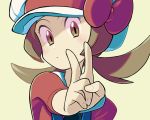  :/ blush bow brown_eyes brown_hair cabbie_hat closed_mouth donnpati eyebrows eyelashes fingernails hat hat_bow kotone_(pokemon) long_hair outstretched_arm pokemon pokemon_(game) pokemon_hgss red_bow simple_background solo twintails upper_body v white_hat yellow_background 