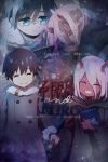  1boy 1girl black_cloak black_hair blue_eyes book cloak coat couple darling_in_the_franxx eyebrows_visible_through_hair eyes_closed fingernails fringe fur_trim grey_coat haanakko hand_holding hetero hiro_(darling_in_the_franxx) holding_book hooded_cloak horns long_hair looking_at_another oni_horns open_book parka pink_hair red_horns red_skin short_hair sleeping sleeping_on_person transparent_background winter_clothes winter_coat younger zero_two_(darling_in_the_franxx) 