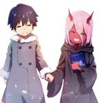  1boy 1girl black_cloak black_hair book cloak coat couple darling_in_the_franxx eyes_closed fingernails fringe fur_trim grey_coat haanakko hand_holding hetero hiro_(darling_in_the_franxx) holding_book hooded_cloak horns long_hair looking_at_another oni_horns parka pink_hair red_horns red_skin short_hair sleeping sleeping_on_person transparent_background winter_clothes winter_coat younger zero_two_(darling_in_the_franxx) 