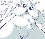  2018 anthro belly big_breasts blue_eyes blush breasts deep_navel dragon english_text female fur hi_res legendary_pok&eacute;mon looking_at_viewer looking_down low-angle_view navel nintendo nude overweight pok&eacute;mon pok&eacute;mon_(species) pussy reshiram shy simple_background skoon solo text video_games white_fur 