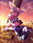  :3 animal_ears backlighting bangs black_hair black_neckwear black_skirt blonde_hair blouse blush bodystocking bow bowtie breast_pocket closed_eyes closed_mouth common_raccoon_(kemono_friends) drooling extra_ears eyebrows_visible_through_hair fang feathers fennec_(kemono_friends) fox_ears fox_tail full_body fur_collar gloves grass grey_hair hair_between_eyes hand_on_another's_head hand_on_own_cheek highres kemono_friends knees_up lap_pillow lens_flare looking_at_another lying medium_hair muchousha multicolored_hair multiple_girls on_back open_mouth outdoors pantyhose pink_sweater pocket puffy_short_sleeves puffy_sleeves raccoon_ears raccoon_tail short_hair short_sleeves sitting skirt sky sleeping smile striped_tail sunset sweater tail thighhighs tree tsurime two-tone_hair under_tree white_hair white_skirt yellow_neckwear 