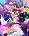  animal_ears bikini black_bikini blurry blurry_background bow braid breasts brown_hair candy cat_ears cleavage detached_collar detached_sleeves ears_through_headwear food frills from_below glasses hat highleg highleg_bikini highres large_breasts lollipop long_hair looking_at_viewer looking_down mappaninatta mismatched_legwear navel official_art one_eye_closed open_mouth purple_eyes sarong solo standing standing_on_one_leg striped striped_legwear swimsuit thighhighs tongue tongue_out twin_braids venus_rumble watermark witch_hat 