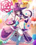  animal_ears bikini black_bikini blurry blurry_background bow braid breasts brown_hair candy cat_ears cleavage detached_collar detached_sleeves ears_through_headwear food frills glasses hat highleg highleg_bikini highres large_breasts lollipop long_hair looking_at_viewer mappaninatta mismatched_legwear navel official_art purple_eyes sarong smile solo standing standing_on_one_leg striped striped_legwear swimsuit thighhighs twin_braids venus_rumble watermark witch_hat 