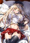  azur_lane bangs bed_sheet black_gloves blonde_hair blush breasts buttons commentary_request fiji_(azur_lane) garter_straps gloves green_eyes kimura_neito large_breasts long_hair looking_at_viewer lying miniskirt navel on_back on_bed open_mouth parted_bangs pillow pleated_skirt red_skirt skirt solo stomach strapless sweat thighhighs 