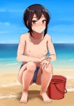  1girl barefoot beach blush breasts feet female fubuki_(kantai_collection) kantai_collection nipples satsuki_neko small_breasts solo squatting toes topless 