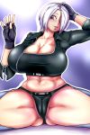  1girl angel_(kof) ass blue_eyes breasts cleavage cropped_jacket fingerless_gloves gloves hair_over_one_eye jacket large_breasts panties pussy short_hair solo spread_legs the_king_of_fighters uirou-zazami underwear white_hair 