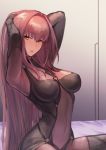  arms_up bed blush bodysuit breasts covered_navel emoto_reishi eyebrows_visible_through_hair fate/grand_order fate_(series) highres large_breasts long_hair looking_at_viewer open_mouth purple_bodysuit purple_hair red_eyes scathach_(fate)_(all) scathach_(fate/grand_order) solo very_long_hair 