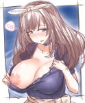  areolae bangs blue_shirt blush breasts brown_hair choker collarbone commentary_request eyebrows_visible_through_hair futoshi heart huge_breasts idolmaster idolmaster_shiny_colors inverted_nipples large_areolae long_hair nipples no_bra one_breast_out open_mouth parted_bangs puffy_nipples shirt shirt_pull sketch spoken_heart tsukioka_kogane upper_body 