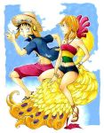  1boy 1girl black_eyes black_hair blush couple hat monkey_d_luffy nami_(one_piece) one_piece one_piece:_strong_world orange_hair pirate short_hair smile straw_hat_pirates tattoo 