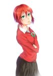  commentary crossed_arms green_hair hatori_chise long_sleeves looking_at_viewer mahou_tsukai_no_yome open_mouth pleated_skirt red_hair red_shirt sayuuiede shirt short_hair simple_background skirt solo white_background 