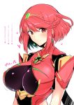 absurdres breasts earrings eyebrows_visible_through_hair hair_ornament harukon_(halcon) heart heart-shaped_pupils highres homura_(xenoblade_2) jewelry large_breasts red_eyes red_hair short_hair smile symbol-shaped_pupils translation_request xenoblade_(series) xenoblade_2 