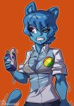  anthro atryl badge beverage blue_hair blue_skin bra breasts cartoon_network cat cleavage clenched_teeth clothed clothing dress_shirt feline female hair half-length_portrait holding_object humanoid_face humanoid_hands mammal nicole_watterson orange_background portrait purple_eyes sheer_clothing shirt simple_background soda solo standing teeth the_amazing_world_of_gumball translucent transparent_clothing underwear wet wet_clothing 