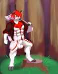  2018 anthro antlers axe balls bottomless bullethoundx cervine clothed clothing digital_media_(artwork) hair hooves horn looking_at_viewer male mammal melee_weapon open_shirt outside partially_clothed red_hair sheathe shirt solo standing weapon 