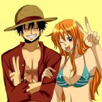  1boy 1girl black_eyes black_hair blush couple hat long_hair monkey_d_luffy nami_(one_piece) one_piece orange_hair pirate short_hair smile straw_hat_pirates tattoo 