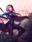  bodysuit breasts covered_navel covered_nipples fate/grand_order fate_(series) flower freze gae_bolg hair_intakes highres holding holding_weapon long_hair looking_up pauldrons petals plant polearm purple_bodysuit purple_hair red_eyes rose rose_petals scathach_(fate)_(all) scathach_(fate/grand_order) shoulder_armor silk smile solo spear spider_web thorns vines weapon 