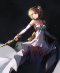  blonde_hair brown_eyes cosplay detached_collar detached_sleeves djeeta_(granblue_fantasy) dress earrings flower granblue_fantasy hair_flower hair_ornament highres jewelry knights_of_glory looking_to_the_side natsumoka solo standing stud_earrings sword the_glory the_glory_(cosplay) thighhighs weapon white_dress 