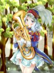  band_uniform blue_eyes blurry blurry_background blush copyright_name day epaulettes euphonium gloves hat hat_feather instrument looking_at_viewer marching_band mikanpicture27 music official_art omc outdoors playing_instrument silver_hair solo standing white_gloves 