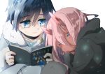  1boy 1girl black_cloak black_hair blue_eyes book cloak coat couple darling_in_the_franxx eyes_closed fringe fur_trim grey_coat haanakko hetero hiro_(darling_in_the_franxx) holding_book hooded_cloak horns long_hair looking_at_another oni_horns open_book parka pink_hair png red_horns red_skin short_hair sleeping sleeping_on_person transparent_background winter_clothes winter_coat younger zero_two_(darling_in_the_franxx) 