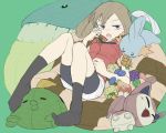  bangs bare_arms bean_bag_chair berry black_eyes black_legwear black_shorts blush breasts brown_hair donnpati eyebrows full_body gen_3_pokemon green_background gulpin half-closed_eyes haruka_(pokemon) holding legs_apart medium_breasts miniskirt mudkip no_headwear no_shoes open_mouth pokemon pokemon_(creature) pokemon_(game) pokemon_rse red_shirt shirt short_hair short_sleeves shorts shorts_under_skirt sitting skirt skitty socks stuffed_toy tongue wailmer white_skirt 