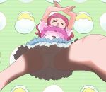  &gt;_&lt; arms_up bird chick egg frilled_skirt frills from_below green_background haruyama_kazunori hugtto!_precure long_hair nono_hana panties pink_hair precure skirt solo standing striped striped_background underwear white_panties white_skirt 