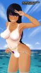  bangle belly_chain belt bikini black_hair blue_sky blush bracelet braid breasts censored cloud day hand_up heart heart-shaped_pupils highres jewelry large_breasts long_hair micro_bikini necklace o-ring_belt ocean outdoors patreon_username purple_eyes sky smile standing swimsuit symbol-shaped_pupils tan tanline undressing v vocher wading water 