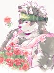  2017 anthro canine clothing flower fur haruki headband horkeukamui kemono male mammal multicolored_fur muscular muscular_male pecs plant rose simple_background tokyo_afterschool_summoners white_fur wolf 