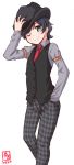  artist_logo bangs black_hair black_vest check_commentary commentary_request cosplay crossdressing dated dress_shirt feet_out_of_frame green_eyes grey_pants grey_shirt hand_in_pocket hand_on_headwear hat hat_tip hidari_shoutarou hidari_shoutarou_(cosplay) highres kamen_rider kamen_rider_w kanon_(kurogane_knights) kantai_collection looking_at_viewer matsukaze_(kantai_collection) necktie one_eye_closed pants plaid plaid_pants red_neckwear reverse_trap revision shirt short_hair simple_background sleeve_garters smile solo swept_bangs vest wavy_hair white_background 