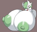  2018 areola big_breasts breasts eyelashes female green_hair green_nipples hair half-closed_eyes huge_breasts humanoid hyper hyper_breasts looking_at_viewer mega_evolution mega_gardevoir nintendo nipples not_furry open_mouth petronoise pok&eacute;mon pok&eacute;mon_(species) red_eyes simple_background solo video_games white_skin 