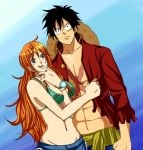  1boy 1girl black_eyes black_hair blush couple hat long_hair monkey_d_luffy nami_(one_piece) one_piece orange_hair pirate short_hair smile straw_hat_pirates tattoo 