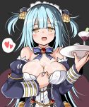  azur_lane bare_shoulders bird blue_hair breasts cleavage cocktail_glass cup detached_collar drinking_glass food fruit hair_ornament headdress heart kiwi_slice kiwifruit large_breasts looking_at_viewer neptune_(azur_lane) open_mouth plate puffy_sleeves ribbon smile solo spoken_heart tsuzuri_(tuzuri) two_side_up upper_body yellow_eyes 