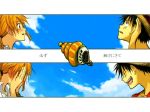  1boy 1girl black_eyes black_hair blush couple hat monkey_d_luffy nami_(one_piece) one_piece orange_hair pirate short_hair smile straw_hat_pirates tattoo 