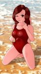  2018 anthro artist_(buffbumblebee) buffbumblebee_(artist) clear_water clothed clothing digital_media_(artwork) female front_view fur hair hi_res kneeling lagomorph lop_eared_bunny makeup mammal navel one-piece_swimsuit one_eye_closed outside pink_fur rabbit red_eyes smile solo swimsuit tight_clothing water wet wink 