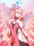  absurdres alternate_costume alternate_hairstyle bare_shoulders blonde_hair blue_eyes breasts criss-cross_halter dress elbow_gloves fingerless_gloves gloves hair_ribbon halterneck highres holding holding_staff lips looking_to_the_side mechanical_halo mechanical_wings medium_breasts mercy_(overwatch) onyrica overwatch parted_lips pink_dress pink_mercy pink_ribbon ribbon solo staff twintails wings 