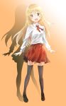  black_legwear blonde_hair commentary_request doma_umaru himouto!_umaru-chan long_hair long_sleeves looking_at_viewer open_mouth pleated_skirt red_neckwear red_skirt sayuuiede shadow shirt skirt solo thighhighs white_shirt 