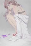  bare_shoulders black_bra blue_eyes bra brown_hair clothes_down finger_to_cheek full_body hagino_(axgh) high_heels ichinose_shiki idolmaster idolmaster_cinderella_girls labcoat long_hair looking_at_viewer looking_to_the_side red_footwear simple_background solo spill squatting test_tube underwear v wavy_hair 