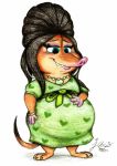  2018 anthro belly big_belly black_hair blue_eyes brown_fur clothing disney dress eyeshadow female fru_fru fur green_dress hair hand_on_stomach hi_res jewelry jusu-tengu makeup mammal necklace pregnant ring shrew simple_background smile solo traditional_media_(artwork) wedding_ring white_background zootopia 