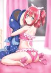  absurdres aqua_eyes arched_back ass ass_cutout bangs bikini blurry blurry_background blush bow breasts closed_mouth depth_of_field frilled_bikini frills from_behind hair_bow headband heart_cutout high_heels highres huge_filesize indoors kurosawa_ruby long_hair looking_at_viewer looking_back love_live! love_live!_sunshine!! object_hug pink_bikini pink_footwear pink_towel red_hair sandals scan shiny shiny_hair shiny_skin sitting small_breasts smile solo stuffed_animal stuffed_fish stuffed_toy swimsuit towel towel_on_head two_side_up wariza yopparai_oni 