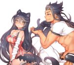  1girl abs animal_ears ass bandaged_arm bandages bare_shoulders black_gloves black_hair black_neckwear black_shorts braid breasts butt_crack cat_ears cat_tail choker cleavage closed_mouth folks_(nabokof) gloves hakama half_updo japanese_clothes kemonomimi_mode kneeling long_hair medium_breasts revealing_clothes shigure_rangetsu shiny shiny_skin shirtless short_shorts shorts side_braid single_glove sitting smile tail tales_of_(series) tales_of_berseria velvet_crowe white_background white_hakama yellow_eyes 