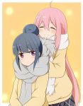  ahoge blue_hair blush commentary_request grey_scarf hair_bun kagamihara_nadeshiko long_hair multiple_girls nuts_tuna orange_background pink_hair purple_eyes scarf shima_rin sidelocks simple_background smile sweater very_long_hair white_scarf yellow_sweater yurucamp 