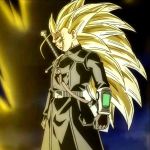  10s 1boy aqua_eyes aura blonde_hair blue_eyes dragon_ball dragon_ball_heroes long_hair looking_away male_focus saiyan serious shiny solo spiked_hair standing super_saiyan_3 sword trunks_(dragon_ball) trunks_xeno uniform 