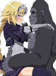  black_legwear blonde_hair blue_eyes blush breasts clothed_sex commentary_request covered_nipples fate/apocrypha fate_(series) girl_on_top gorilla highres implied_bestiality implied_sex jeanne_d'arc_(fate) jeanne_d'arc_(fate)_(all) kani_club large_breasts ponytail simple_background smile straddling sweat thighhighs tiara upright_straddle white_background 