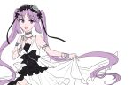  bare_shoulders black_bow black_ribbon bow bracelet breasts choker cleavage dress euryale fate/grand_order fate/hollow_ataraxia fate_(series) hairband jewelry lolita_hairband long_hair open_mouth purple_eyes purple_hair repose_00 ribbon sleeveless sleeveless_dress solo twintails very_long_hair white_background white_dress 