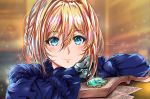  arms_on_table blonde_hair blue_eyes blue_shirt blush book braid brooch commentary crossed_arms frills gbsartworks hair_between_eyes hair_intakes highres jewelry letter love_letter mechanical_arms mechanical_hand mechanical_hands open_book paper prosthesis prosthetic_arm prosthetic_hand shirt signature smile violet_evergarden violet_evergarden_(character) 