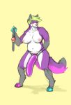  anthro ball_gag breasts canine dildo facial_piercing female gag looking_at_viewer mammal nipple_piercing nipples nose_piercing piercing septum_piercing sex_toy slightly_chubby smile solo standing strapon wolkewolf_(artist) 
