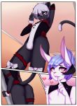  &lt;3 &lt;3_eyes 2016 anthro black_fur bulge butt clothed clothing comic crossdressing duo feline fur girly hi_res lagomorph legwear leotard male mammal panther pole rabbit rokumaki rook_(greyrook) stripper stripper_pole thigh_highs tongue tongue_out 