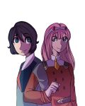  1boy 1girl black_hair blue_eyes couple crossed_arms darling_in_the_franxx eyebrows_visible_through_hair fringe green_eyes hair_ornament hairband hetero hiro_(darling_in_the_franxx) horns long_hair long_sleeves military military_uniform necktie oni_horns orange_neckwear pink_hair red_horns red_neckwear short_hair sweetlollipops-20 transparent_background uniform white_hairband zero_two_(darling_in_the_franxx) 