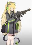  bag bangs black_gloves blonde_hair blush cat_ear_headphones cat_tail coat commentary covered_mouth eotech eyebrows_visible_through_hair feet_out_of_frame girls_frontline gloves gradient gradient_background green_eyes gun headphones highres holding holding_gun holding_weapon hummingbird_(artist) long_hair long_sleeves looking_at_viewer ribbon solo standing steyr_tmp submachine_gun suppressor tail tail_ribbon thigh_strap tmp_(girls_frontline) trigger_discipline turtleneck very_long_hair weapon 