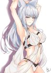  animal_ears armpits arms_up bangs bare_shoulders bikini blue_eyes blunt_bangs blush breasts cleavage collarbone commentary_request erune eyebrows_visible_through_hair granblue_fantasy hair_ornament highres hips jewelry korwa large_breasts long_hair looking_at_viewer navel sash shitamichi silver_hair simple_background smile solo swimsuit white_bikini 