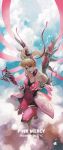  21yc_(september_breeze) alternate_costume alternate_hairstyle artist_name bare_shoulders character_name criss-cross_halter day detached_sleeves halterneck highres looking_at_viewer mechanical_wings mercy_(overwatch) midair overwatch pink_mercy sky smile solo staff twintails wings 